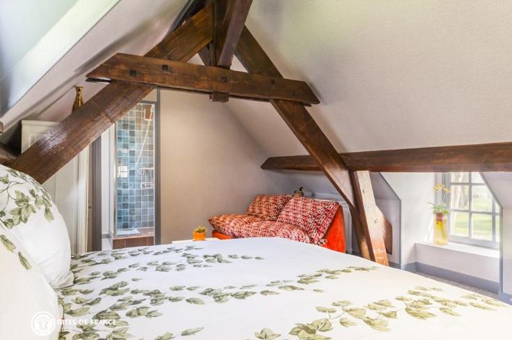 Chambre mansardée sous poutres apparentes, couette à motif de feuillage et fenêtres de toit