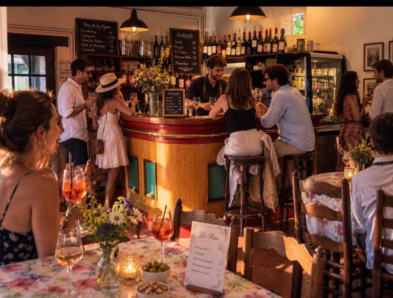 Le bar du Moulin en soirée : le barman sert au comptoir sous les ardoises des vins de la région et des cocktails, spritz et olives sur les tables