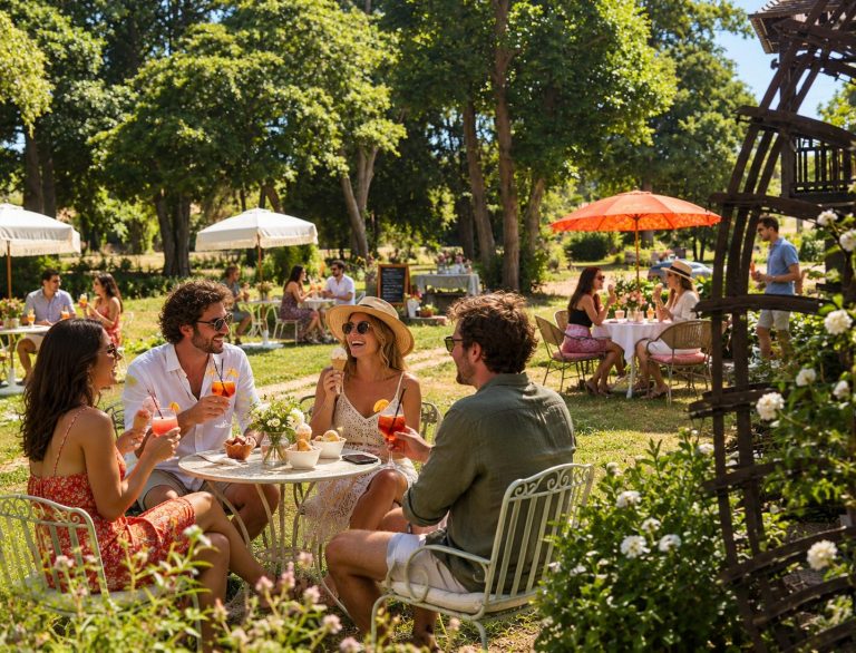 Apéritif dans le parc du Moulin : convives attablés à l'ombre des arbres avec spritz et glaces, parasols et roue du moulin en arrière-plan