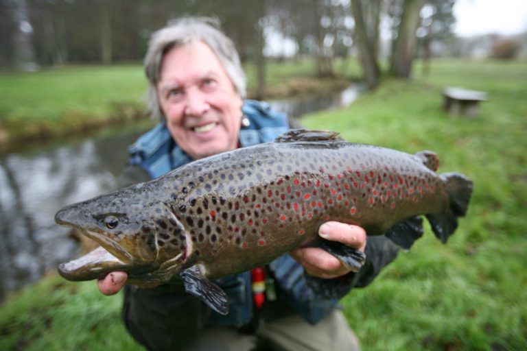 Truite fario aux points rouges présentée par un pêcheur souriant