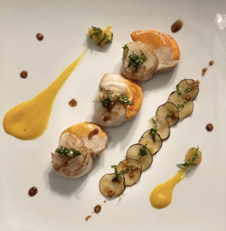 Noix de Saint-Jacques snackées, purée de potimarron et fines lamelles de radis noir, basilic ciselé