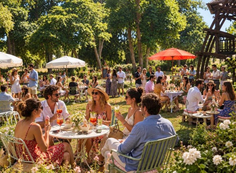 Réception en extérieur dans le parc du Moulin : invités attablés sous les parasols autour de rafraîchissements, roue du moulin en arrière-plan
