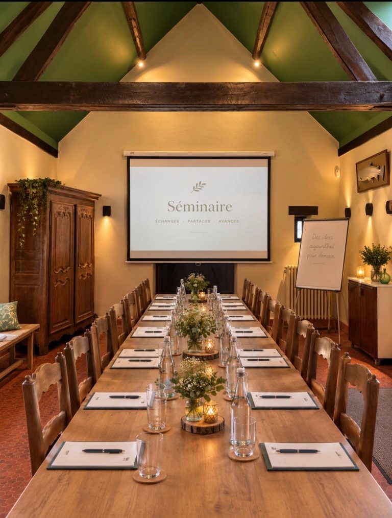 Salle de séminaire du Moulin : longue table dressée pour une vingtaine de participants sous la charpente apparente, écran de projection et paperboard