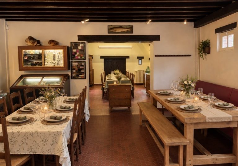 Salle de repas du Moulin : trois tables dressées aux chandelles et bouquets champêtres sur un sol en tomettes, devant les vitrines de mouches de pêche